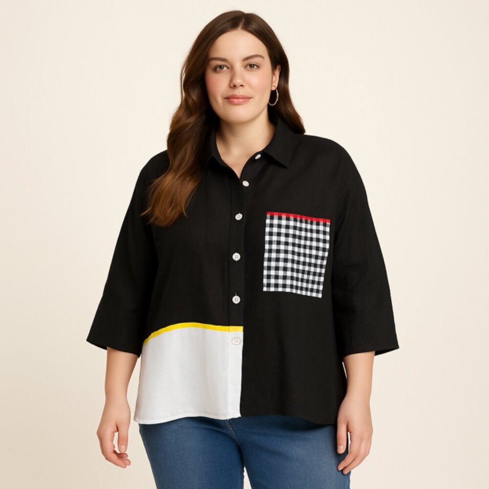 Christopher Calvin Linen Colorblock Gingham Pocket Shirt L Oversized Artsy USA